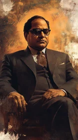 Oil portrait of seated man in suit against textured ochre field