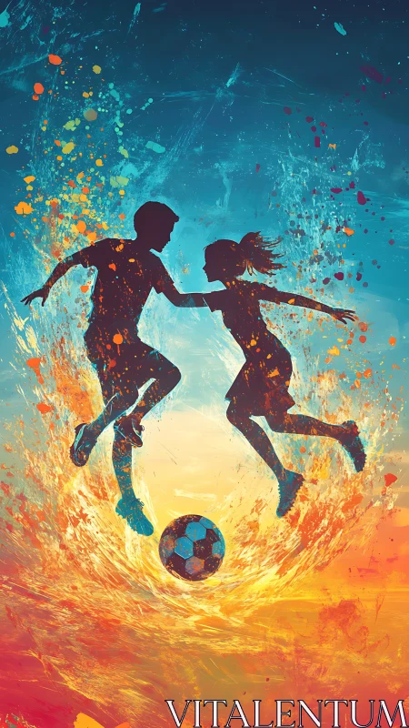 Silhouetted boy and girl jump toward soccer ball in vivid spray