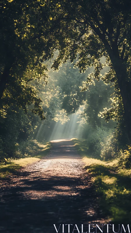 Forest Path with Golden Canopy and Sunlight Rays