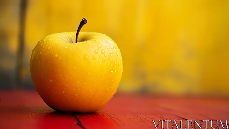 Golden apple rests on rustic red wood in vivid contrast