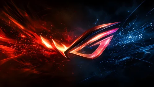 Futuristic red and blue ROG logo digital art with energy effects.