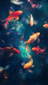 Colorful koi fish rendered in deep blue digital water scene.
