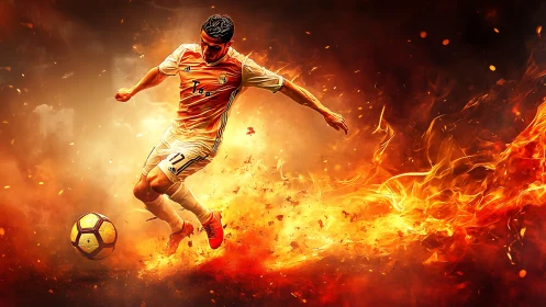 Dynamic soccer forward striking ball amid sweeping fire trails
