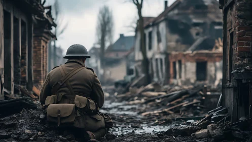 Solitary soldier kneels in war-torn street of shattered homes.