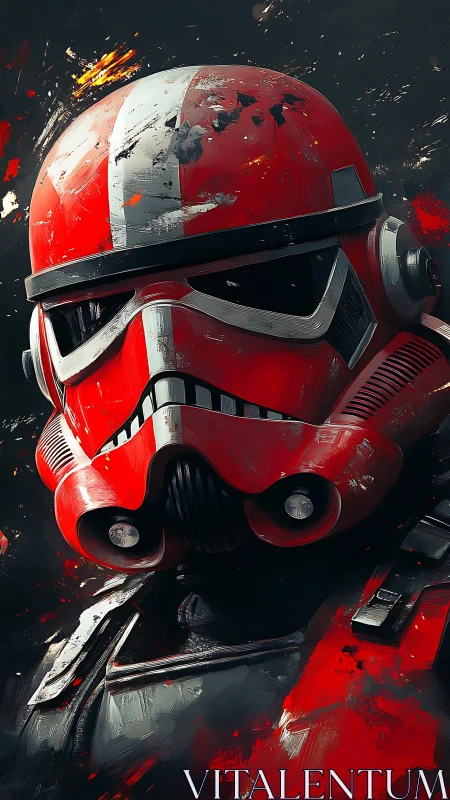 Crimson storm trooper visor stares through splattered starlight