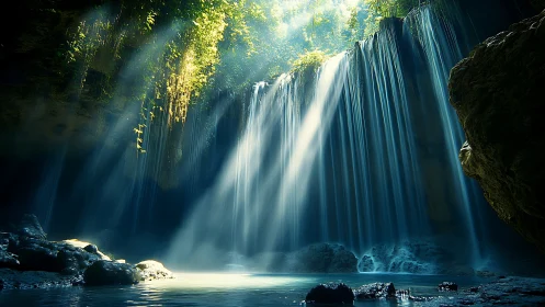 Emerald gorge waterfall channels cool light through mist