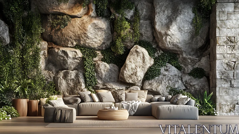 Rock-wall living zone integrates biophilic seating and soft textiles