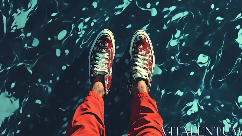 Patterned sneakers hover over shimmering teal water surface