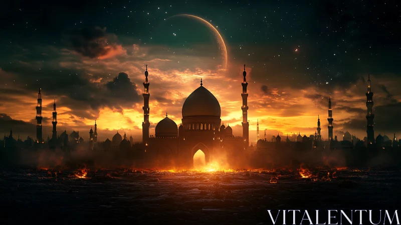 Burning desert mosque under crescent eclipse sky at dusk.