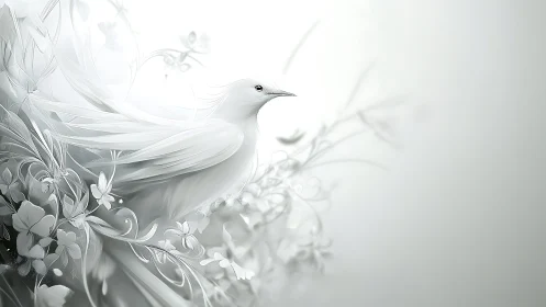 White bird rests amid stylized floral forms and soft light