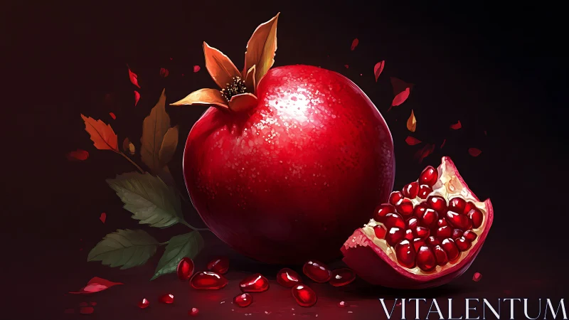 Glossy pomegranate still life renders hyperreal surface sheen