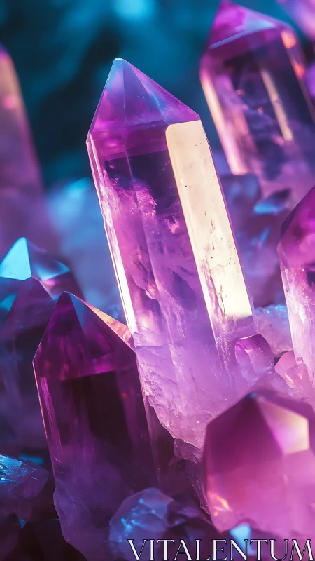 Luminous purple crystal cluster glows in ethereal light.