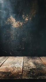 Rustic wood tabletop against dark textured plaster wall.