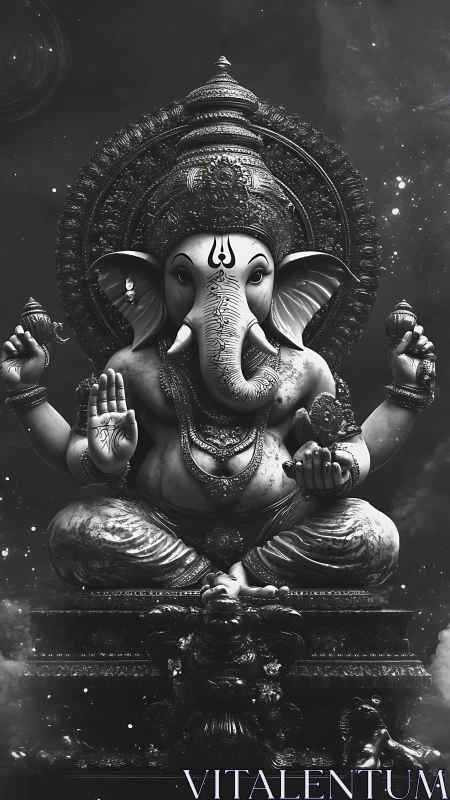 Monochrome Ganesha idol radiates calm in cosmic dusk.