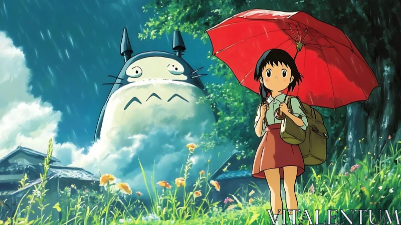 Rain-kissed forest guardian and girl under a ruby umbrella.
