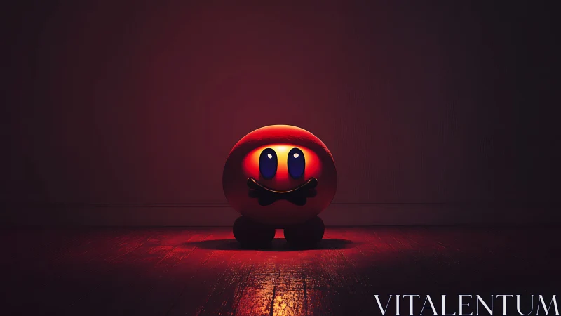 Cute red orb character glows alone in a dark wooden room