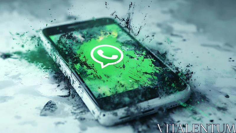 Smartphone with WhatsApp logo in abstract digital splashes.