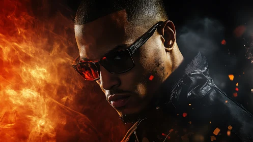 Portrait shows man in sunglasses amid contrasting fire and smoke