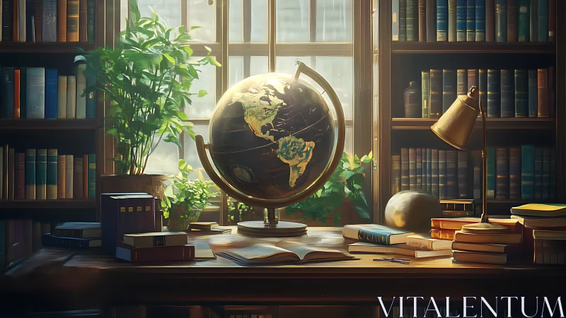 Sunlit scholar’s globe amid whispering library shelves.