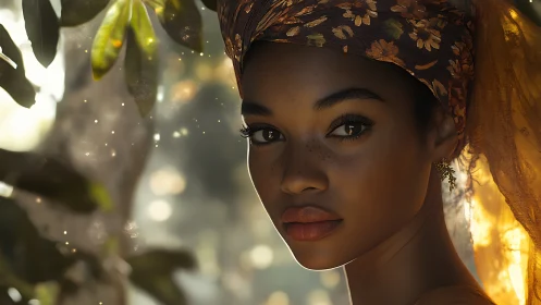 Sunlit forest muse with freckled gaze and floral crown glow.