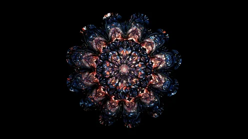 Fractal flower mandala with luminous glass petals on black.