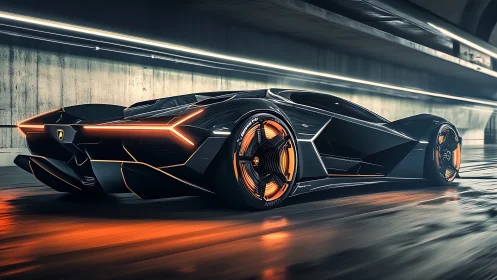 Futuristic hypercar in neon tunnel, dynamic 3D render.