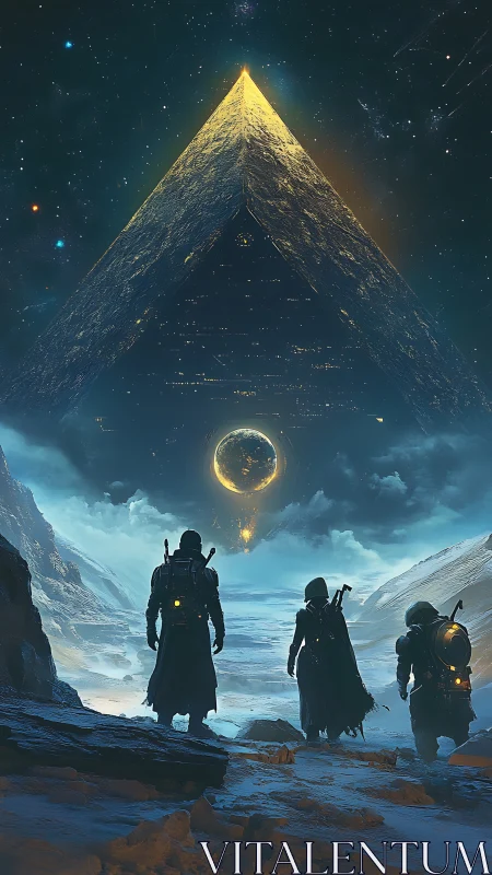 Explorers approach colossal alien pyramid beneath fractured sun