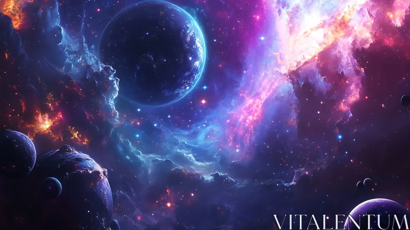 Colorful cosmic nebula surrounding multiple alien worlds.