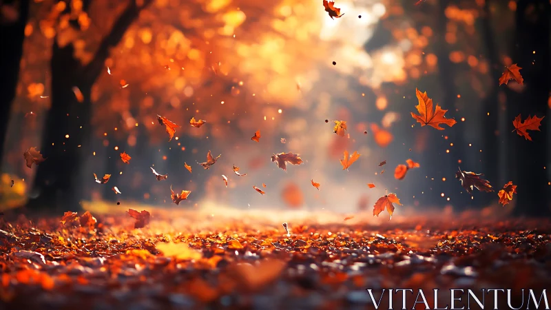 Golden autumn leaves swirl gently along a glowing forest path