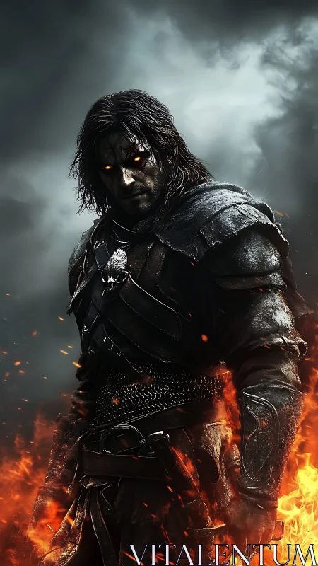 Armored dark warrior with fiery aura and glowing ember eyes