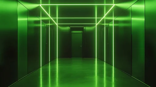 Neon green corridor glows with futuristic geometric light lines