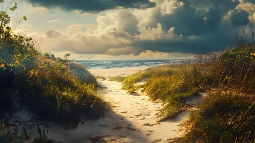 Coastal dune path under stormlit sky with warm rim lighting.