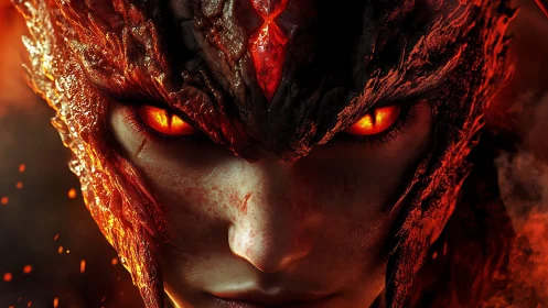 Molten armored humanoid face with glowing ember eyes.