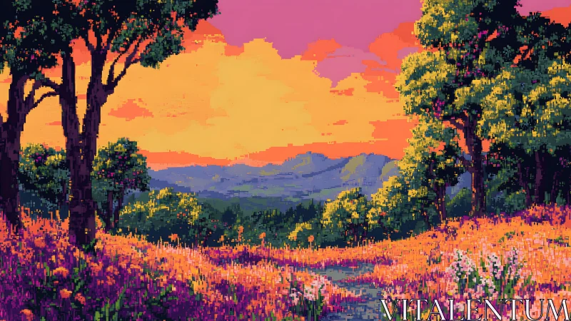 Pixel landscape with sunset sky over distant mountains.