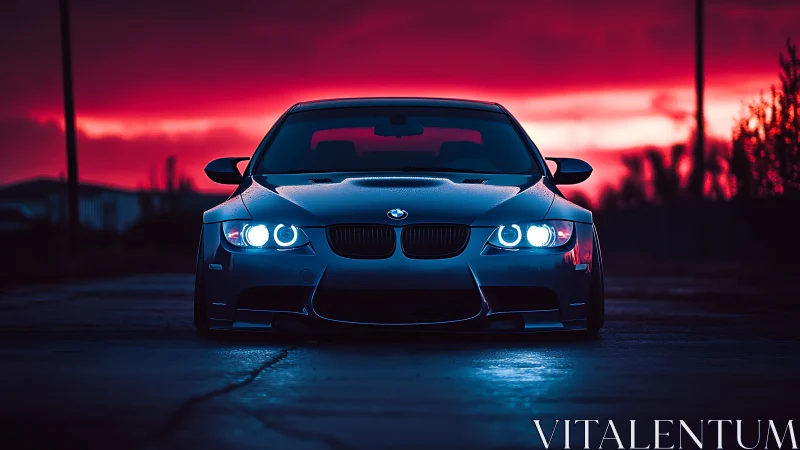 Front-facing sports sedan is parked on wet pavement at dusk