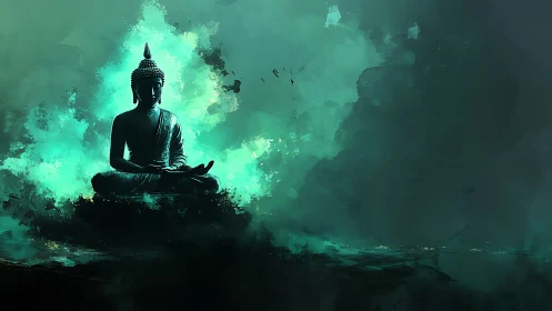 Buddha silhouette meditates in glowing teal cosmic mist.