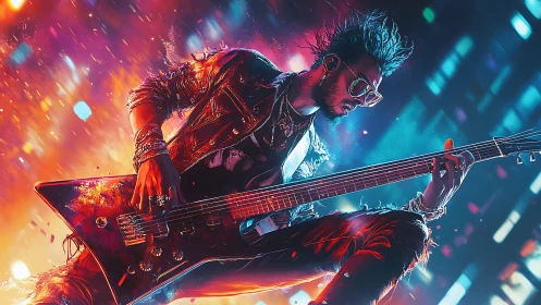 Neon-lit cyber rock guitarist shredding in explosive motion.