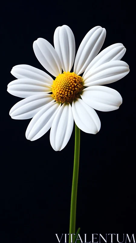 Single white daisy on dark background in close focus.