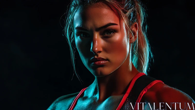 Sporty woman in intense colored lighting stares forward