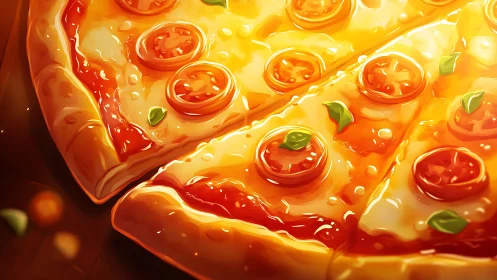 Golden cheese pizza slices with tomato medallions glow.