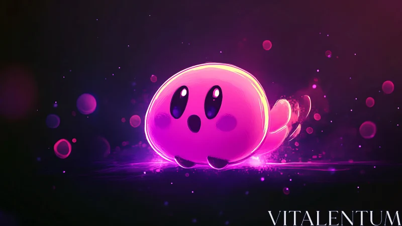 Glowing pink blob-like character on dark abstract field.
