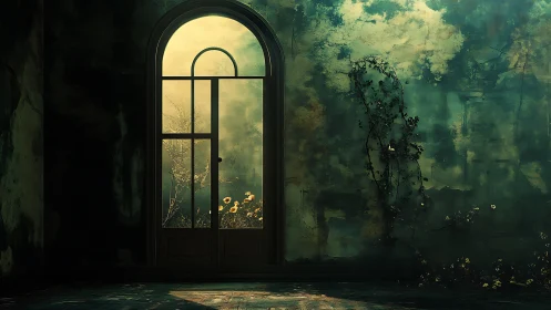 Backlit arched glass door in decayed teal interior with vines