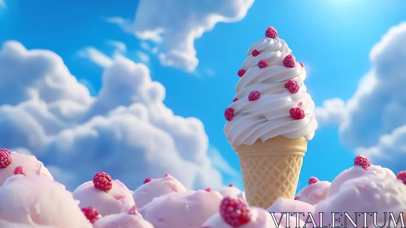 Soft serve cone with raspberries against clouded blue sky.
