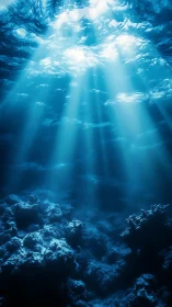 Sunrays piercing deep blue ocean water over rocky seabed.