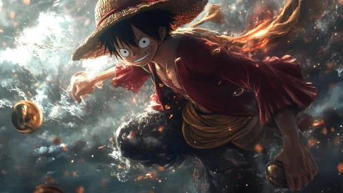 Straw hat pirate lunges through storm with blazing energy.