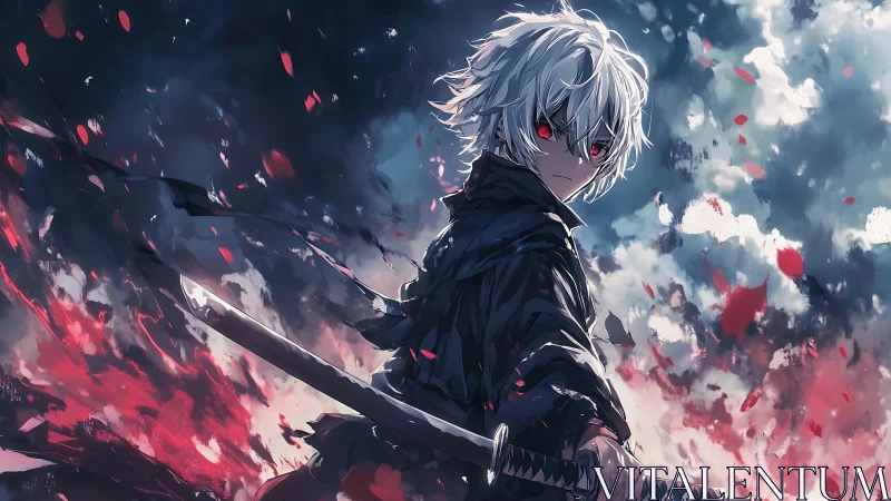 White haired swordsman with red eyes in burning sky