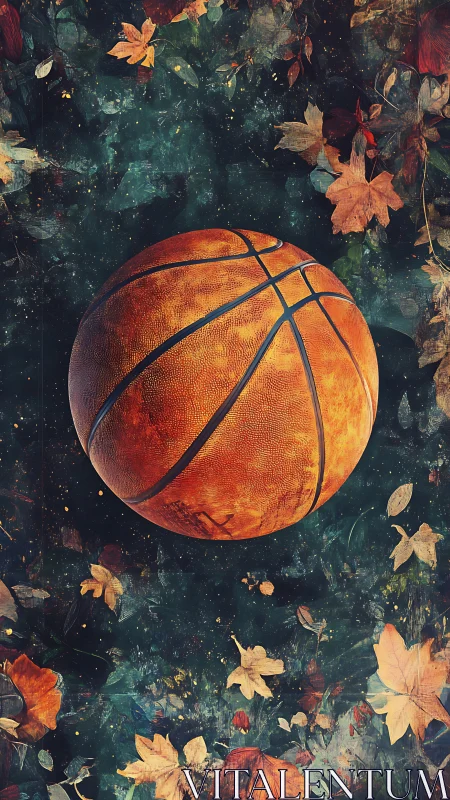 Basketball floating amid autumn leaves on dark abstract field.
