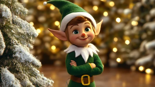 Cheerful Christmas elf amid glowing holiday lights.