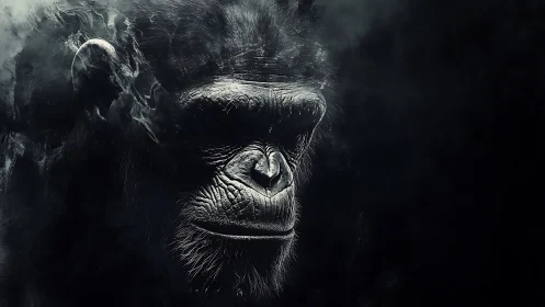 Side profile illustration of a chimpanzee in dark tones.