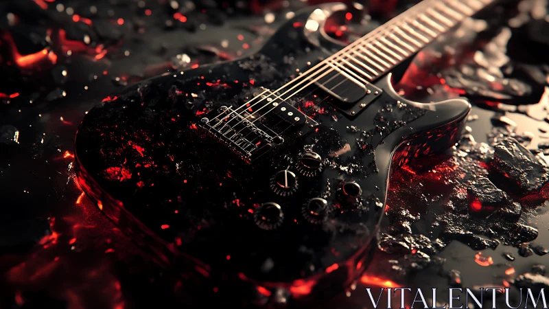 Electric guitar lies on reflective surface with glowing embers